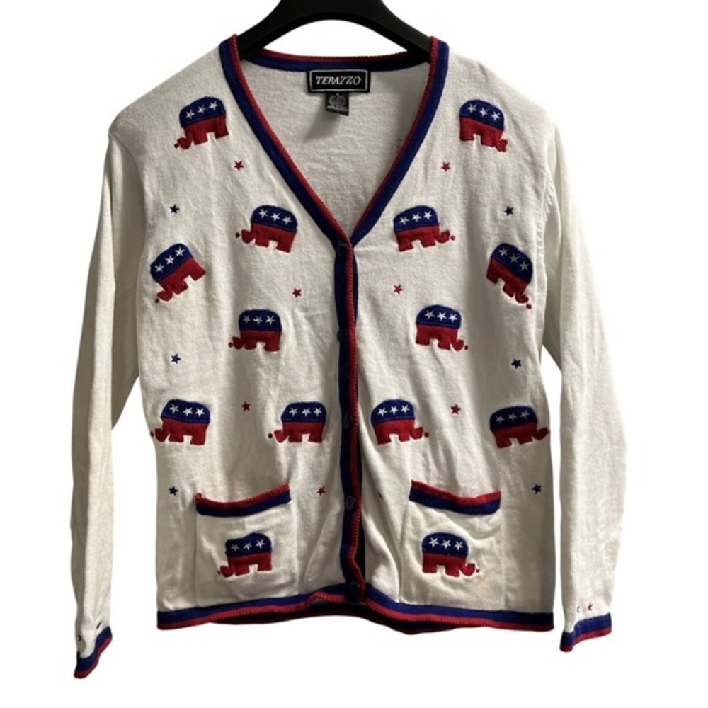 Vintage Terazzo Cardigan Sweater Women S Republican Elephant Red White Blue Vote